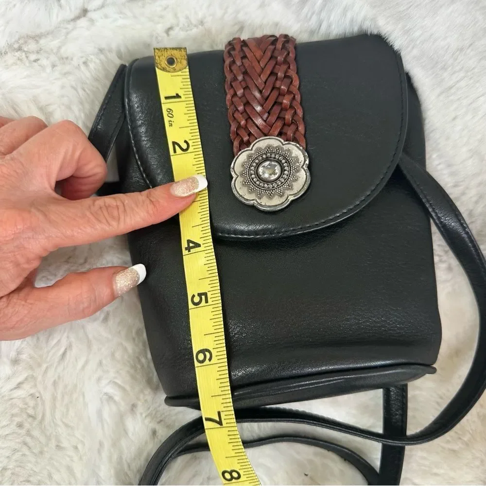Vintage Brighton Black Brown Leather Flower Adorn Saddle Bucket Crossbody Bag
